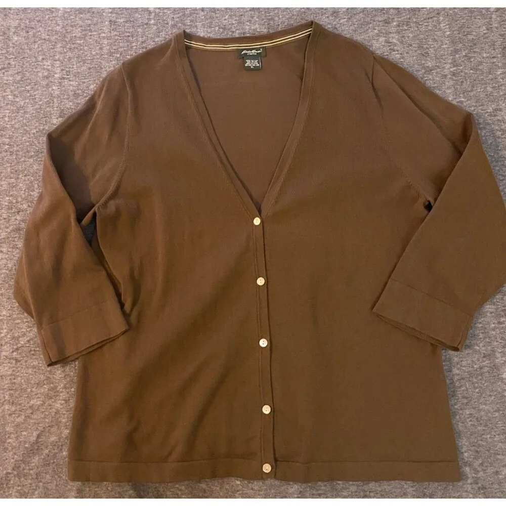 Eddie Bauer Womens Brown Stretch Cardigan XL Cotton Button-Front 3/4‎ Sleeves